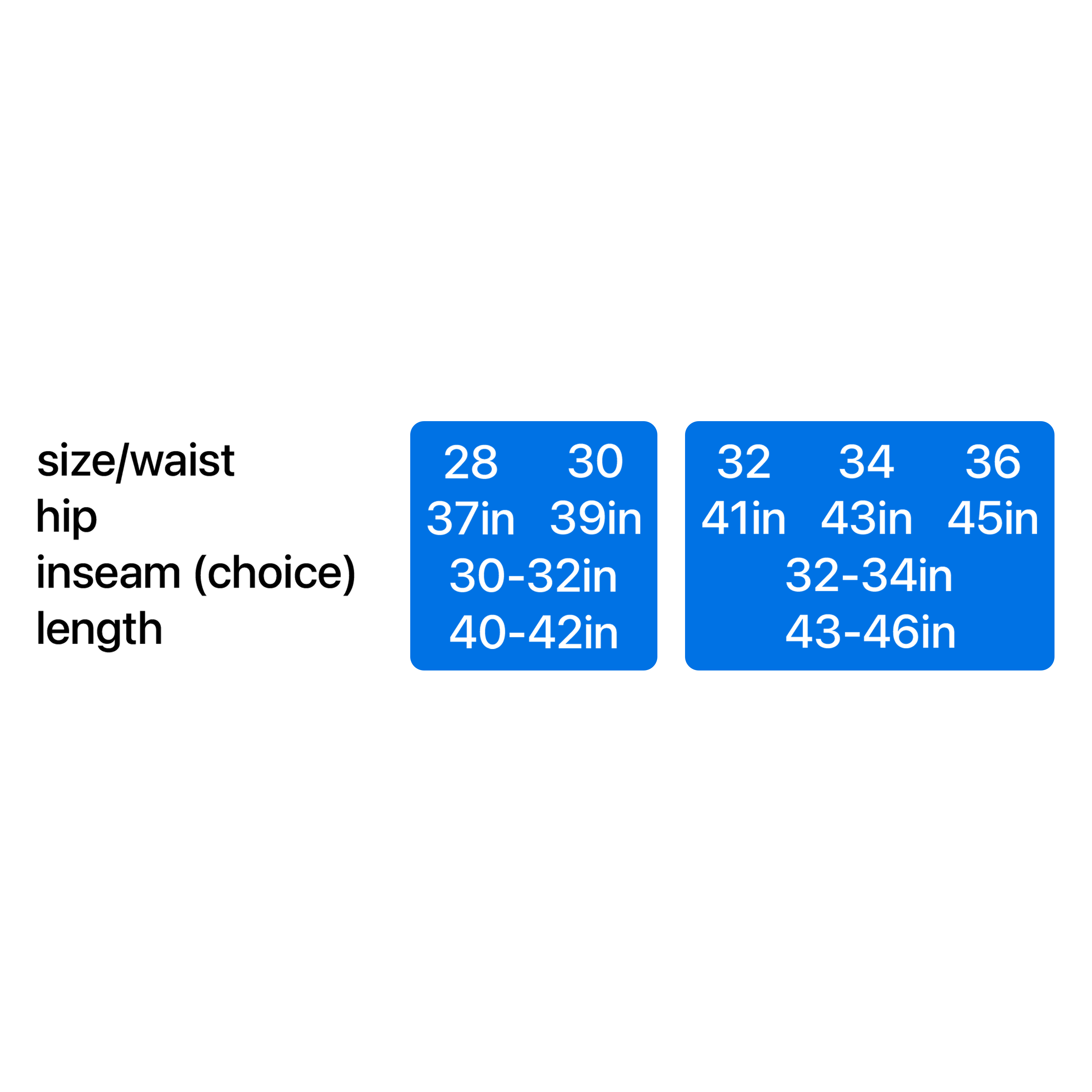 Size chart with waist, hip, and inseam measurements in inches on a white background