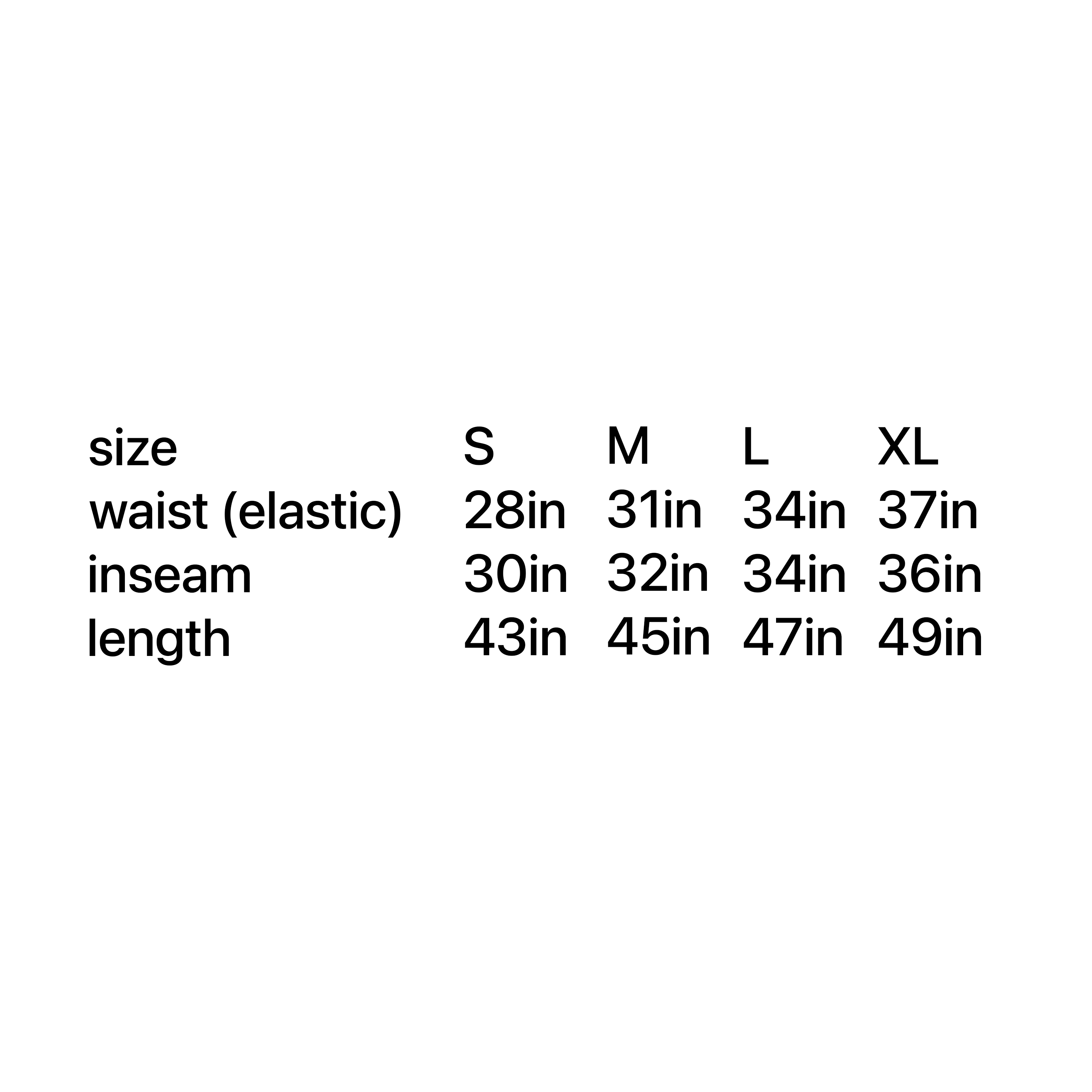 Size chart for pants with waist, inseam, and length measurements.