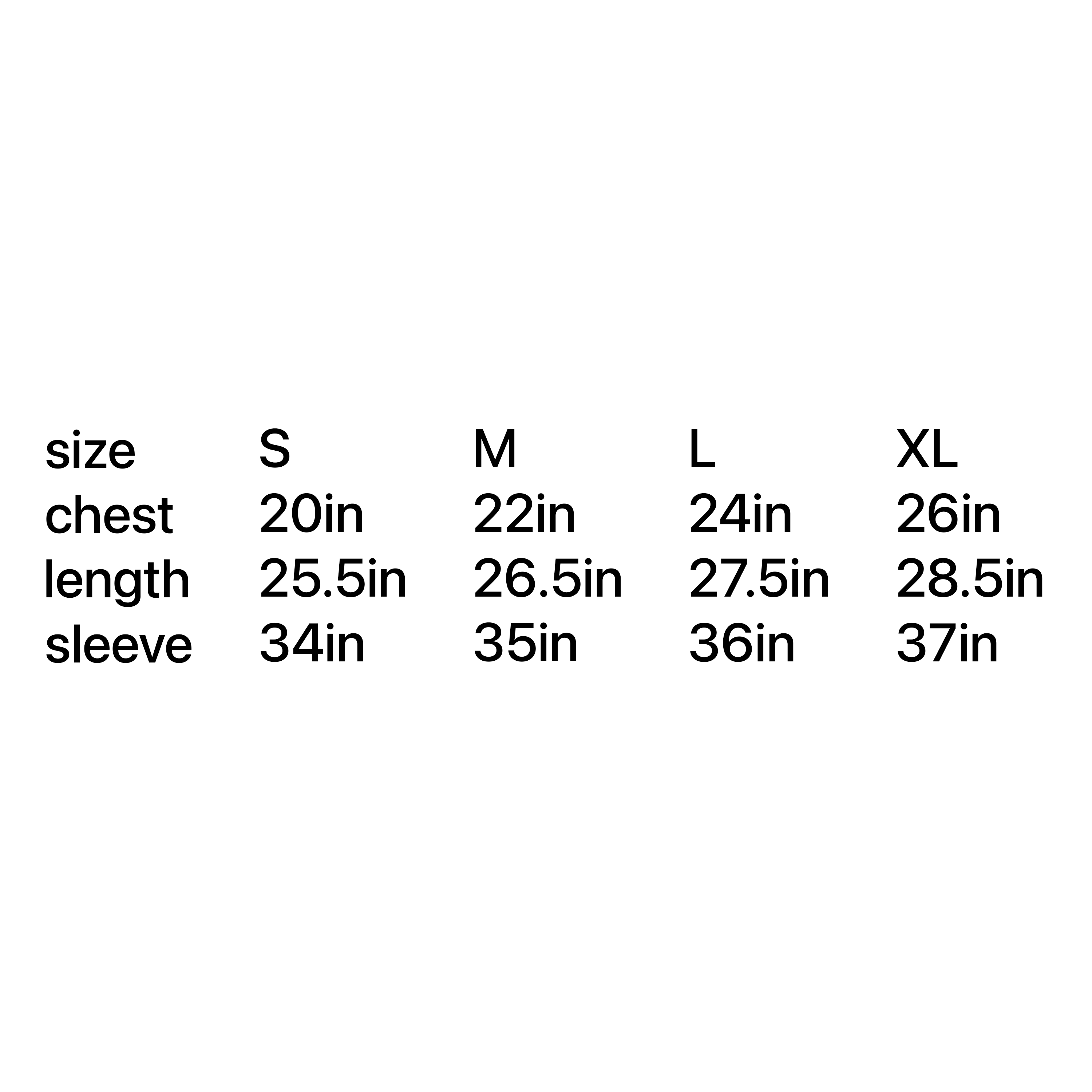 Size chart for shirts with measurements in inches
